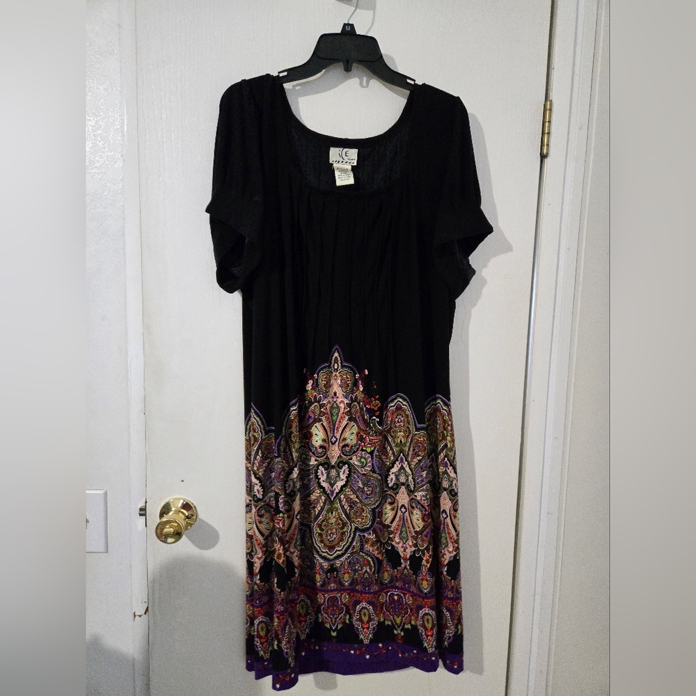 Size 18 Ice Elegant Black and Multicolor Patterned Dress